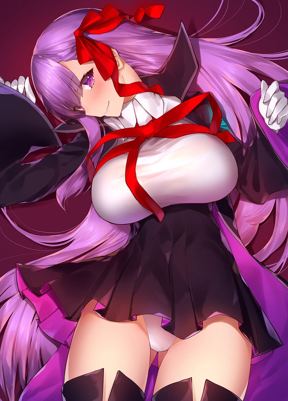 1girl bb_(fate/extra_ccc) blush boots breasts cape fate/extra fate/extra_ccc fate_(series) hair_ribbon highres large_breasts long_hair looking_at_viewer lying on_back panties purple_hair red_ribbon ribbon smile solo thigh-highs thigh_boots underwear very_long_hair violet_eyes white_panties yaman_(yamanta_lov)