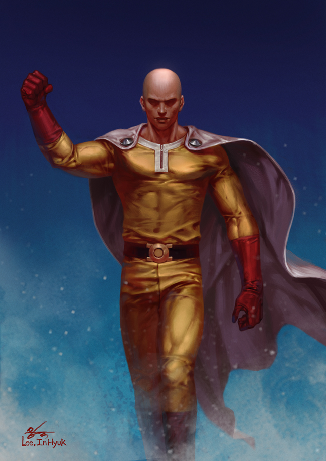 1boy abs artist_name bald boots cape clenched_hand gloves in-hyuk_lee male_focus muscle one-punch_man realistic red_boots red_gloves saitama_(one-punch_man) signature solo