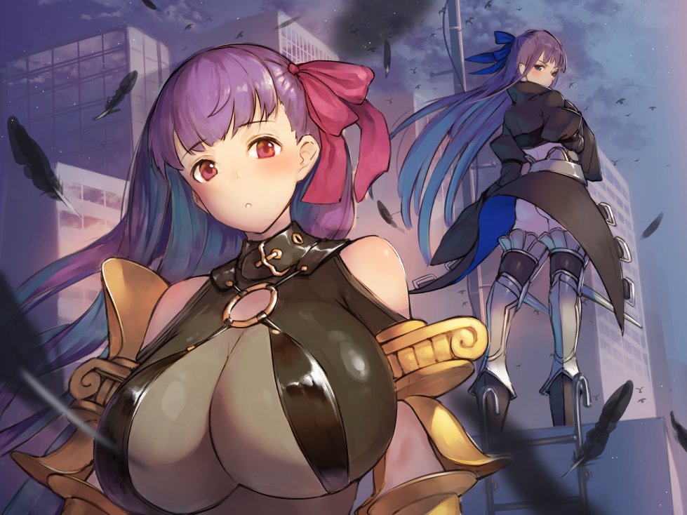 2girls ass bare_shoulders black_feathers blush bodysuit boots breasts erect_nipples fate/grand_order fate_(series) hair_ribbon huge_breasts large_breasts long_hair looking_at_viewer looking_back meltlilith multiple_girls neo-masterpeacer parted_lips passion_lip purple_hair red_eyes ribbon thigh-highs thigh_boots