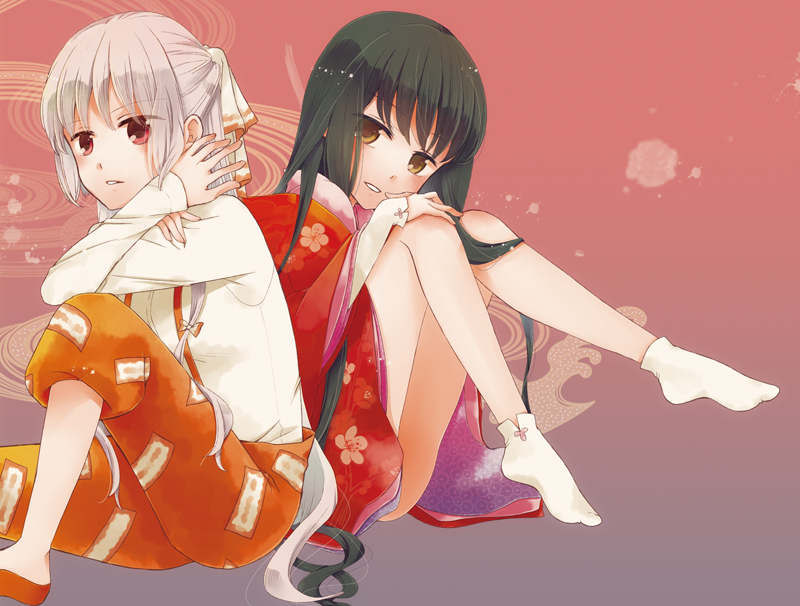 2girls black_hair brown_eyes fujiwara_no_mokou gradient gradient_background grey_background hair_ribbon houraisan_kaguya japanese_clothes kimono long_hair long_sleeves mocomocone multiple_girls pink_background red_eyes ribbon shirt sitting touhou white_hair white_shirt wide_sleeves