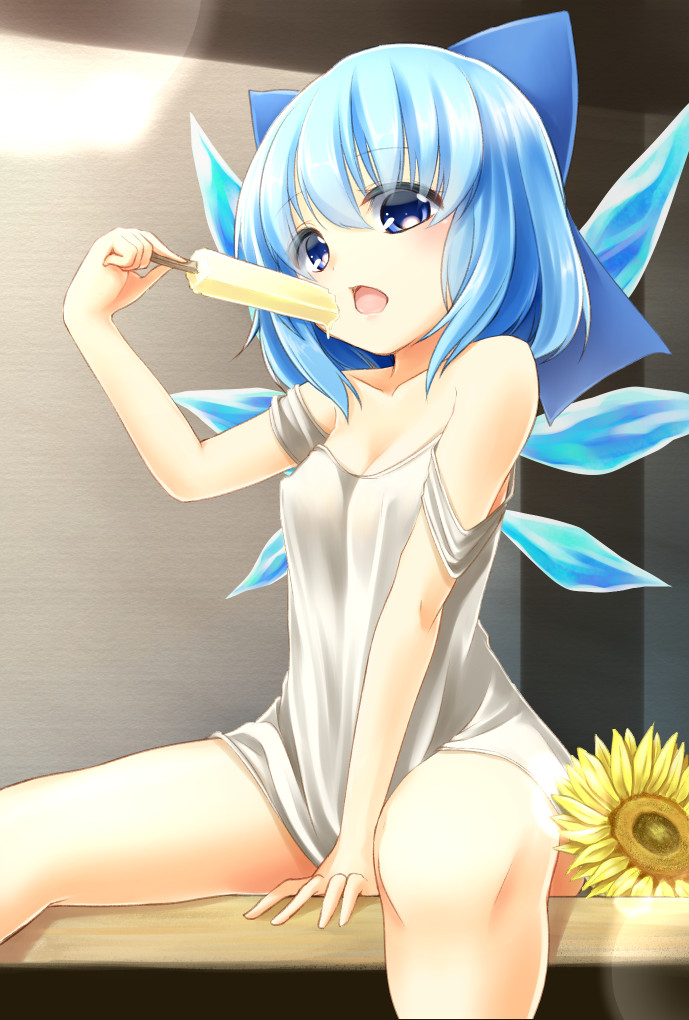 barefoot blue_eyes blue_hair blue_ribbon bow cirno food hair_bow ice ice_wings off_shoulder popsicle ribbon shirt short_hair strap_slip the_embodiment_of_scarlet_devil touhou tukiyofree white_shirt wings