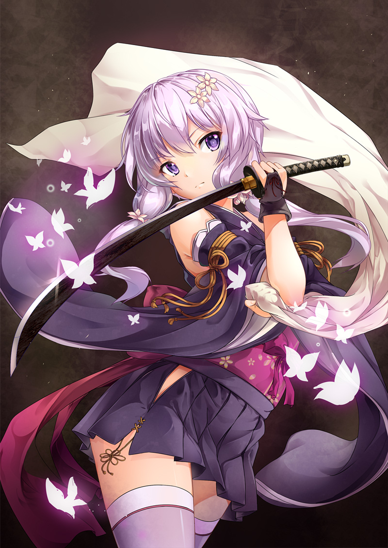 1girl alternate_costume bangs blade bug_(artist) butterfly commentary_request cowboy_shot detached_sleeves fingerless_gloves flower gloves hair_flower hair_ornament head_tilt holding holding_sword holding_weapon japanese_clothes katana lavender_hair looking_at_viewer obi pleated_skirt purple_legwear sash short_hair_with_long_locks sidelocks skirt solo standing sword thigh-highs violet_eyes vocaloid voiceroid weapon wide_sleeves yuzuki_yukari zettai_ryouiki