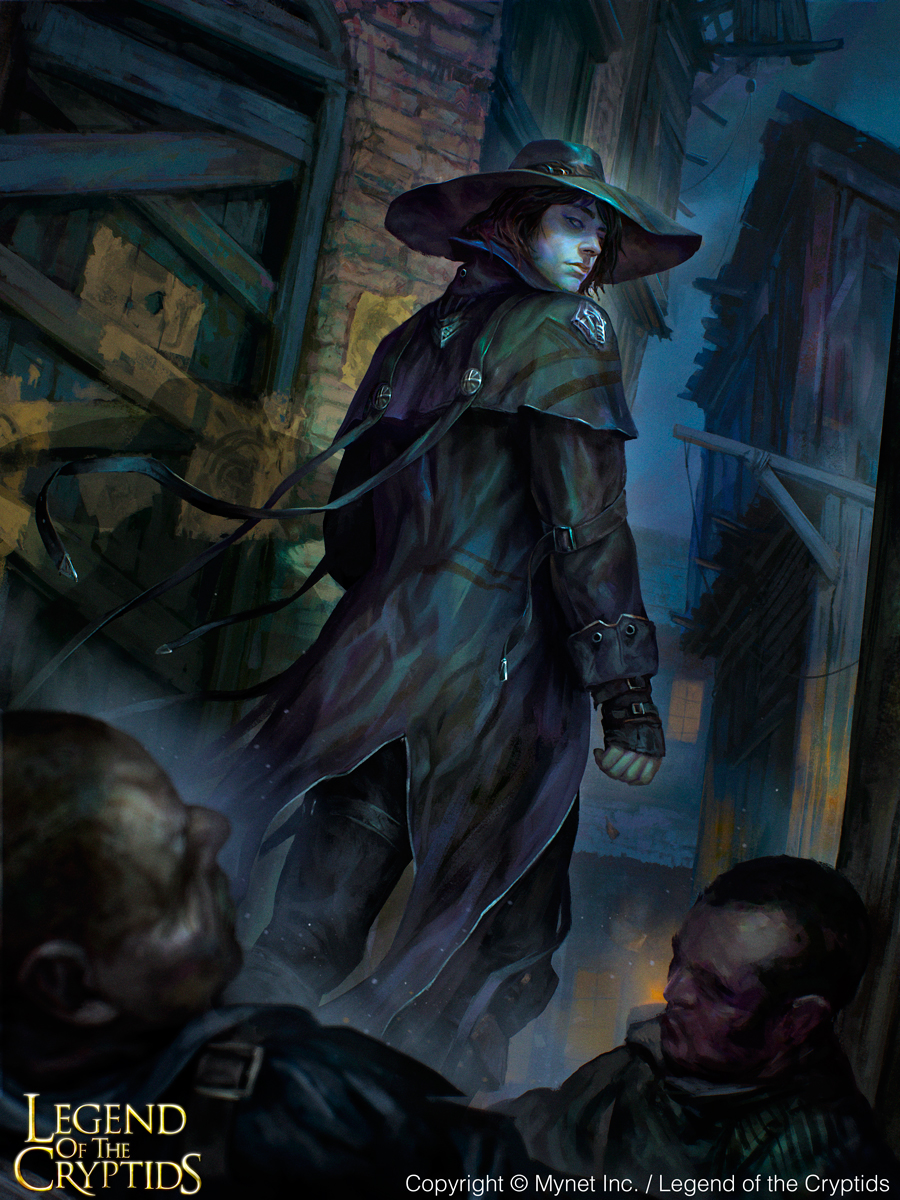 1boy alley brown_hair capelet copyright_name death hat hat_belt highres jacket legend_of_the_cryptids looking_back male_focus no_pupils outdoors randy_vargas_gomez shadow solo_focus standing watermark