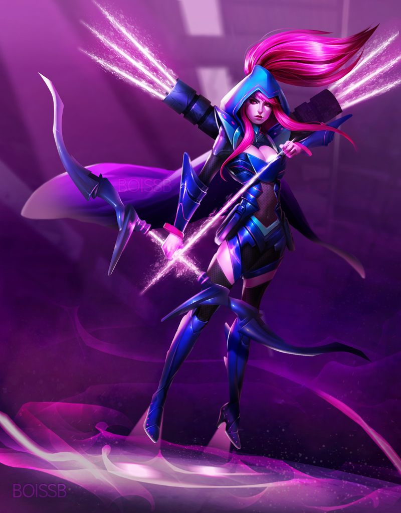 1girl alternate_costume armor arrow ashe_(league_of_legends) boissb bow_(weapon) breasts cape cleavage cleavage_cutout commentary energy_arrow faulds full_body high_ponytail hood large_breasts league_of_legends pink_eyes pink_hair quiver sidelocks solo thigh-highs weapon zettai_ryouiki