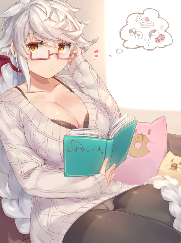 1girl aran_sweater asymmetrical_hair bespectacled black_bra black_legwear book bow bra bra_peek braid breasts cake checkerboard_cookie cleavage cookie couch crotch_seam doughnut dress food glasses hair_between_eyes hair_bow hair_ornament jitome kantai_collection large_breasts long_hair looking_at_viewer open_book panties panties_under_pantyhose pantyhose semi-rimless_glasses silver_hair single_braid sitting slice_of_cake solo sparkle spoken_food sweater sweater_dress thought_bubble underwear unryuu_(kantai_collection) very_long_hair yamaarashi yellow_eyes