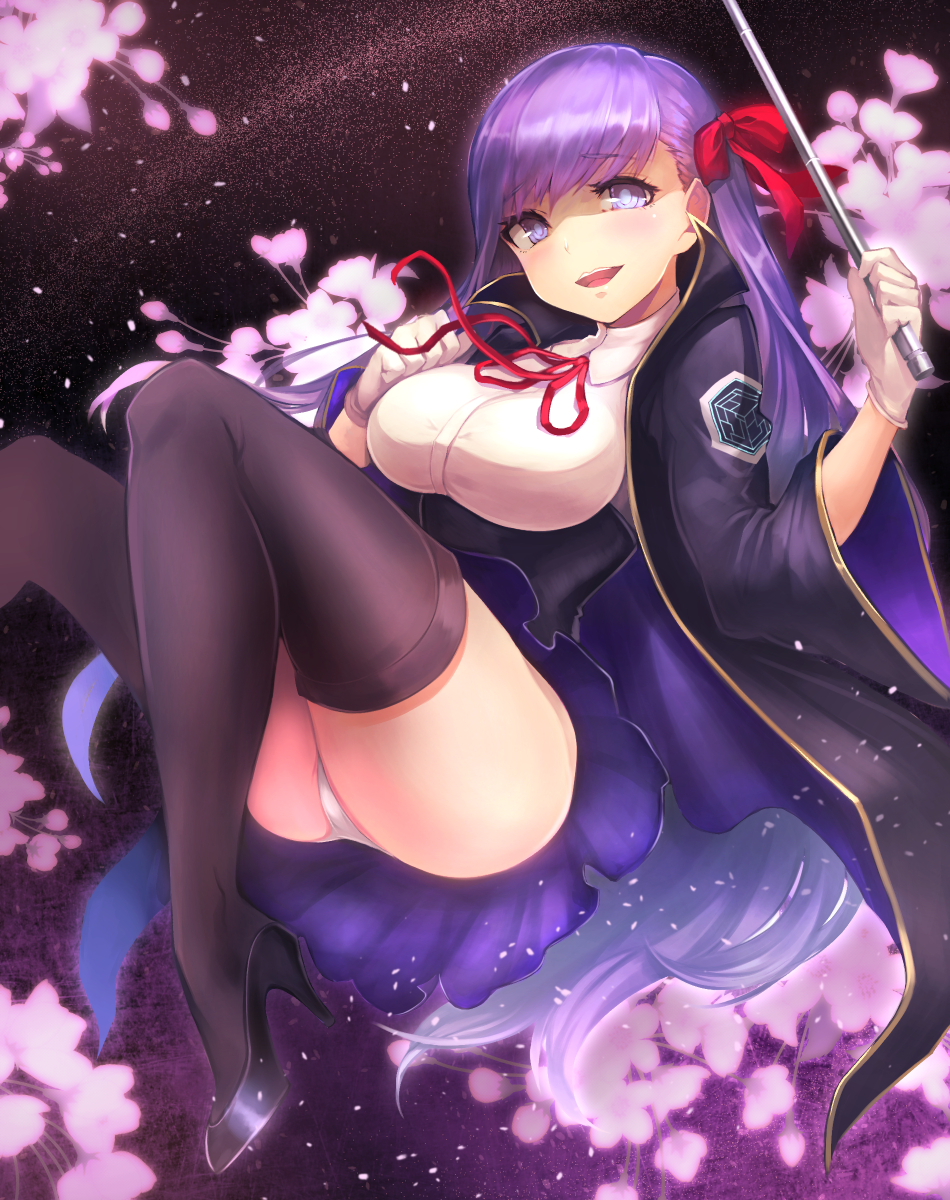 1girl bb_(fate/extra_ccc) black_legwear breasts fate/extra fate/extra_ccc fate_(series) gloves hair_ribbon high_heels highres large_breasts levitation long_hair looking_at_viewer omoti_(1201208) open_mouth panties purple_hair ribbon smile solo thigh-highs very_long_hair violet_eyes white_gloves
