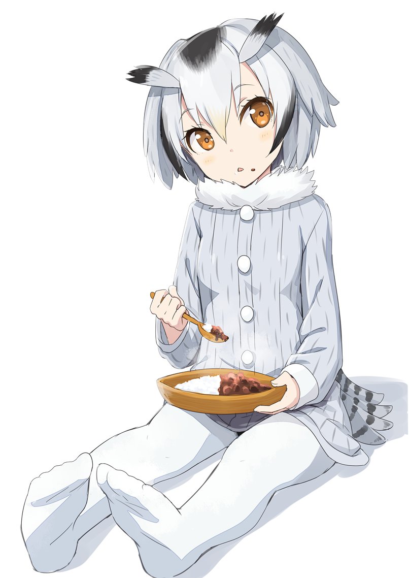 1girl :o bird_tail black_hair blush brown_eyes brown_hair buttons coat commentary_request curry curry_rice eyebrows_visible_through_hair food food_on_face fur_collar gochou_(atemonai_heya) grey_coat grey_hair hair_between_eyes head_tilt holding holding_plate holding_spoon kemono_friends long_sleeves looking_at_viewer multicolored_hair no_shoes northern_white-faced_owl_(kemono_friends) open_mouth pantyhose parted_lips plate rice shadow short_hair simple_background sitting solo tail triangle_mouth white_background white_legwear wooden_spoon
