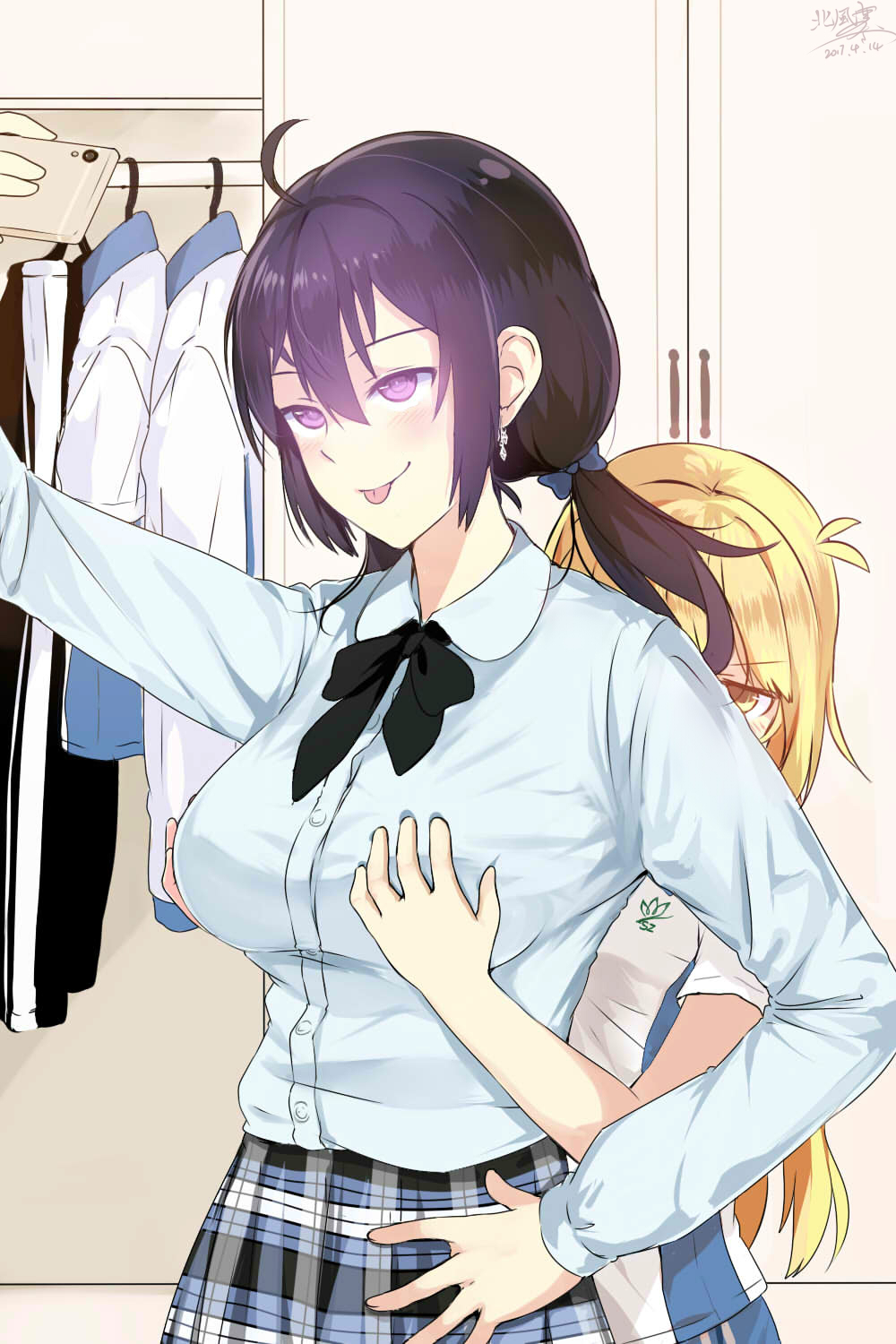 2girls ahoge beifeng_han black_hair blonde_hair blouse blue_blouse blush breast_grab breasts cyou_shigen dated earrings grabbing grabbing_from_behind gradient_hair hair_between_eyes hand_on_hip height_difference highres indoors jewelry large_breasts long_hair looking_up md5_mismatch miyaura_sanshio multicolored_hair multiple_girls original ponytail purple_hair self_shot short_sleeves tongue tongue_out twintails uniform violet_eyes wavy_hair