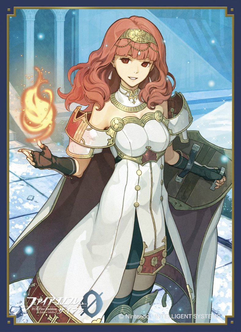 1girl arm_guards bangs bare_shoulders breasts celica_(fire_emblem) company_connection company_name detached_collar dress earrings elbow_gloves fingerless_gloves fire fire_emblem fire_emblem_cipher fire_emblem_echoes:_mou_hitori_no_eiyuuou gloves hair_ornament jewelry logo long_hair magic medium_breasts official_art outdoors red_eyes redhead shield smile solo thigh-highs zettai_ryouiki