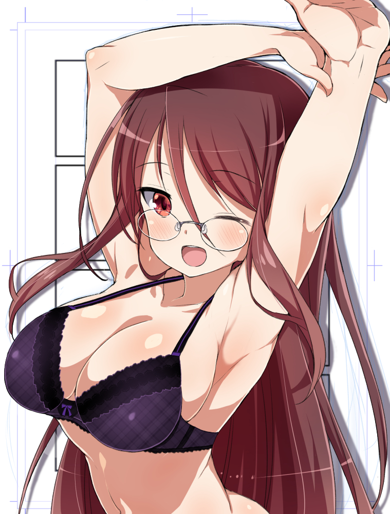 1girl armpits arms_up black_bra blush bra breasts brown_eyes brown_hair character_request cleavage gankutsu-sou_no_fuyajou-san glasses large_breasts long_hair navel one_eye_closed open_mouth pic_k plaid plaid_bra rimless_glasses smile solo underwear