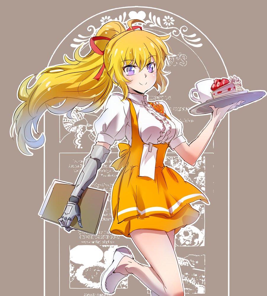 1girl anna_miller apron blonde_hair blouse cake commentary_request cup food hairband iesupa mug name_tag prosthesis prosthetic_arm rwby shoes smile solo tray violet_eyes waitress white_blouse yang_xiao_long