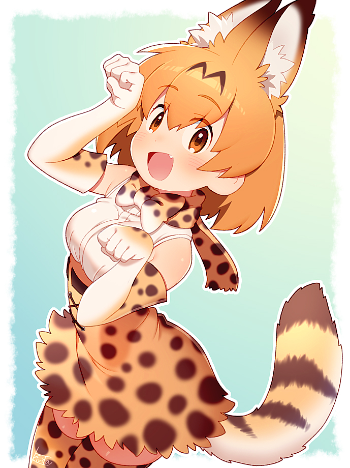 1girl :d animal_ears animal_print bare_shoulders blonde_hair blush bow bowtie breasts cowboy_shot cross-laced_clothes dot_nose dutch_angle elbow_gloves extra_ears eyebrows_visible_through_hair eyes_visible_through_hair fang gloves gradient gradient_background hair_between_eyes high-waist_skirt kemono_friends kiri_futoshi leaning_forward looking_at_viewer miniskirt nose_blush open_mouth outline outside_border paw_pose protected_link serval_(kemono_friends) serval_ears serval_print serval_tail shiny shiny_skin shirt short_hair signature skirt sleeveless sleeveless_shirt small_breasts smile solo striped_tail tail thigh-highs white_shirt yellow_eyes zettai_ryouiki
