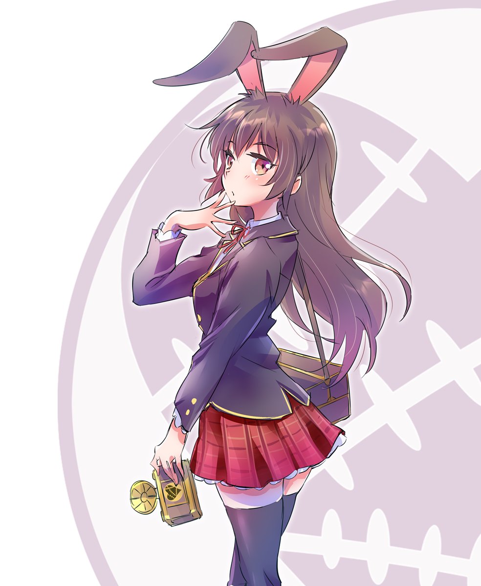 1girl animal_ears brown_eyes brown_hair bunny_girl camera highres iesupa long_hair rabbit_ears rwby skirt solo thigh-highs velvet_scarlatina zettai_ryouiki