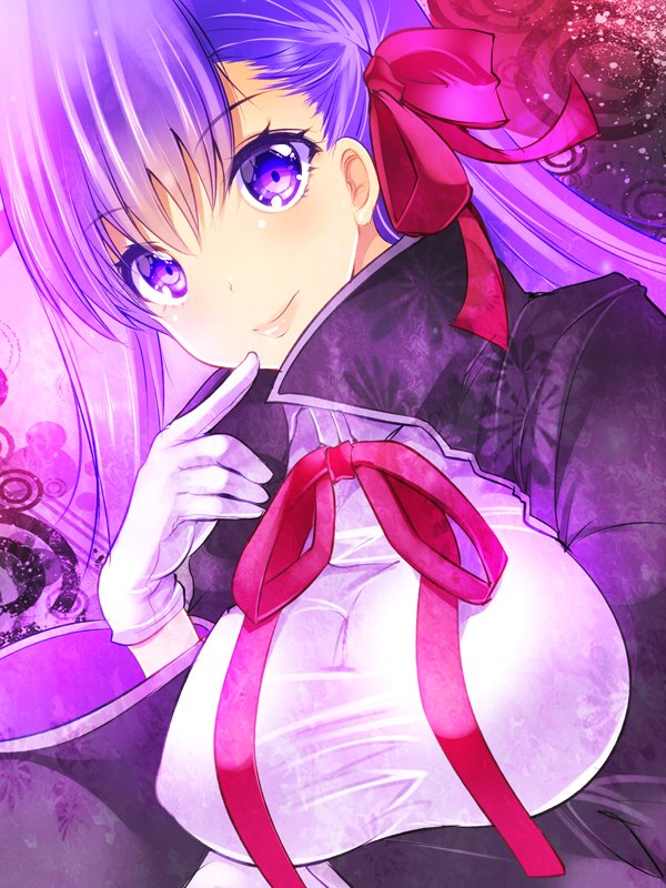 1girl bangs bb_(fate/extra_ccc) black_jacket blush breast_hold breasts fate/extra fate/extra_ccc fate_(series) finger_to_mouth gloves hair_ribbon jacket large_breasts long_hair long_sleeves looking_at_viewer maki_(seventh_heaven_maxion) neck_ribbon open_clothes open_jacket pink_ribbon purple_hair ribbon smile solo upper_body violet_eyes white_gloves