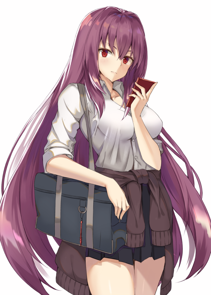 &gt;:( 1girl alternate_costume black_skirt blush breasts brown_jacket buttons casual cellphone closed_mouth clothes_around_waist collarbone collared_shirt cowboy_shot dress_shirt fate/grand_order fate_(series) hair_intakes holding holding_phone jacket_around_waist kanikou long_hair long_sleeves looking_at_viewer medium_breasts phone pleated_skirt purple_hair red_eyes scathach_(fate/grand_order) serious shirt simple_background skirt sleeves_past_elbows sleeves_pushed_up smartphone solo standing straight_hair thighs very_long_hair white_background white_shirt wing_collar