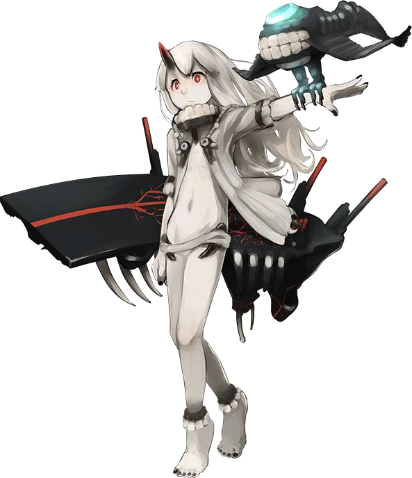 1girl ankle_cuffs bangs barefoot cannon closed_mouth collar escort_hime full_body horn kantai_collection long_hair no_pants official_art outstretched_arm red_eyes shibafu_(glock23) shinkaisei-kan white_hair white_skin