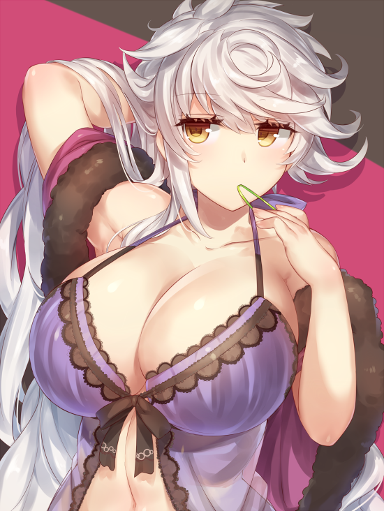 1girl adjusting_hair arm_behind_head arm_up armpits asymmetrical_hair babydoll bare_shoulders black_background breasts camisole cleavage collarbone front-tie_top hair_between_eyes hair_down huge_breasts jitome kantai_collection large_breasts lingerie long_hair looking_at_viewer mouth_hold multicolored multicolored_background navel pink_background see-through silver_hair solo underwear unryuu_(kantai_collection) upper_body very_long_hair wavy_hair yamaarashi yellow_eyes