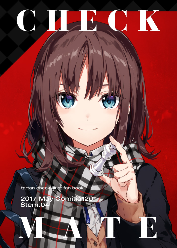 1girl arisaka_ako bangs blazer blue_eyes brown_hair chess_piece cover cover_page doujin_cover jacket original plaid plaid_scarf red_background scarf school_uniform short_hair smile solo upper_body