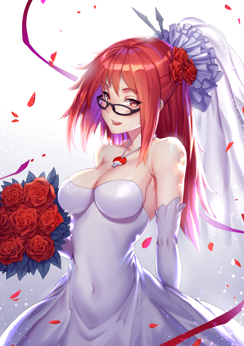 1girl bare_shoulders dress elbow_gloves flower glasses gloves hair_flower hair_ornament happy jewelry karin_(naruto) long_hair naruto necklace raijuu_(bakanara) red_eyes red_flower red_ribbon redhead ribbon simple_background wedding_dress white_dress white_gloves