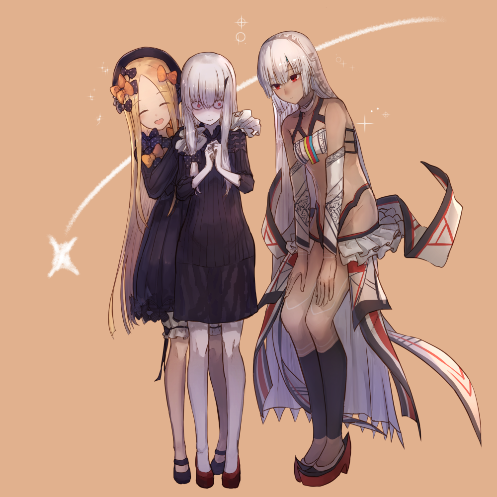 3girls :d ^_^ abigail_williams_(fate/grand_order) altera_(fate) bangs bare_shoulders black_bow black_dress black_footwear black_hat blonde_hair blue_eyes bow breasts brown_background butterfly closed_eyes closed_mouth commentary_request dark_skin detached_sleeves dress eisuto eyebrows_visible_through_hair falling_star fate/grand_order fate_(series) forehead hair_bow hands_on_another's_shoulders hat horn lavinia_whateley_(fate/grand_order) leaning_to_the_side leg_warmers long_sleeves looking_away mary_janes multiple_girls open_mouth orange_bow own_hands_together pale_skin parted_bangs pink_eyes polka_dot polka_dot_bow red_eyes red_footwear shoes sleeves_past_wrists small_breasts smile veil white_hair wide-eyed