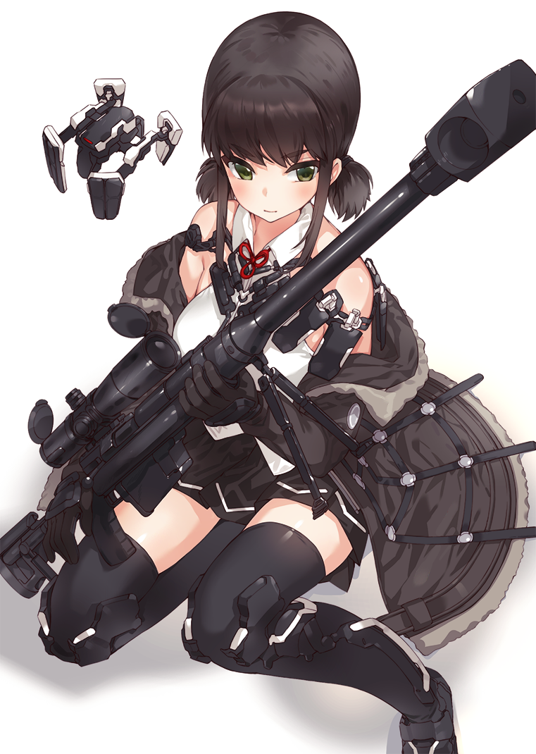 1girl armor bangs bare_shoulders black_gloves black_hair black_legwear black_skirt blush boots brown_coat coat collared_shirt drone eyebrows_visible_through_hair full fur_trim gloves green_eyes gun holding holding_gun holding_weapon kfr long_sleeves low_twintails off_shoulder one_knee open_clothes open_coat original pleated_skirt red_neckwear red_ribbon revision ribbon rifle scope shirt short_hair simple_background skirt sleeveless sleeveless_shirt sniper_rifle solo thigh-highs twintails weapon white_background white_shirt wing_collar