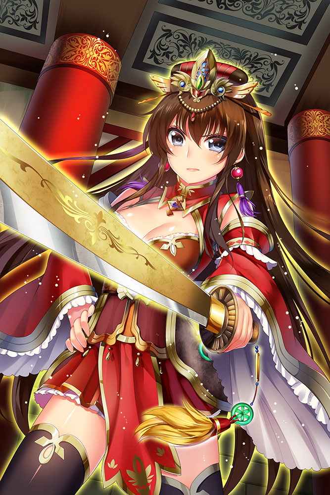 &gt;:/ 1girl :/ black_eyes breasts brown_hair brown_legwear character_request cleavage cleavage_cutout copyright_request detached_sleeves earrings glowing glowing_sword glowing_weapon hair_ornament hand_on_hip jewelry long_hair looking_at_viewer medium_breasts mvv pelvic_curtain solo sword tassel thigh-highs very_long_hair weapon wide_sleeves