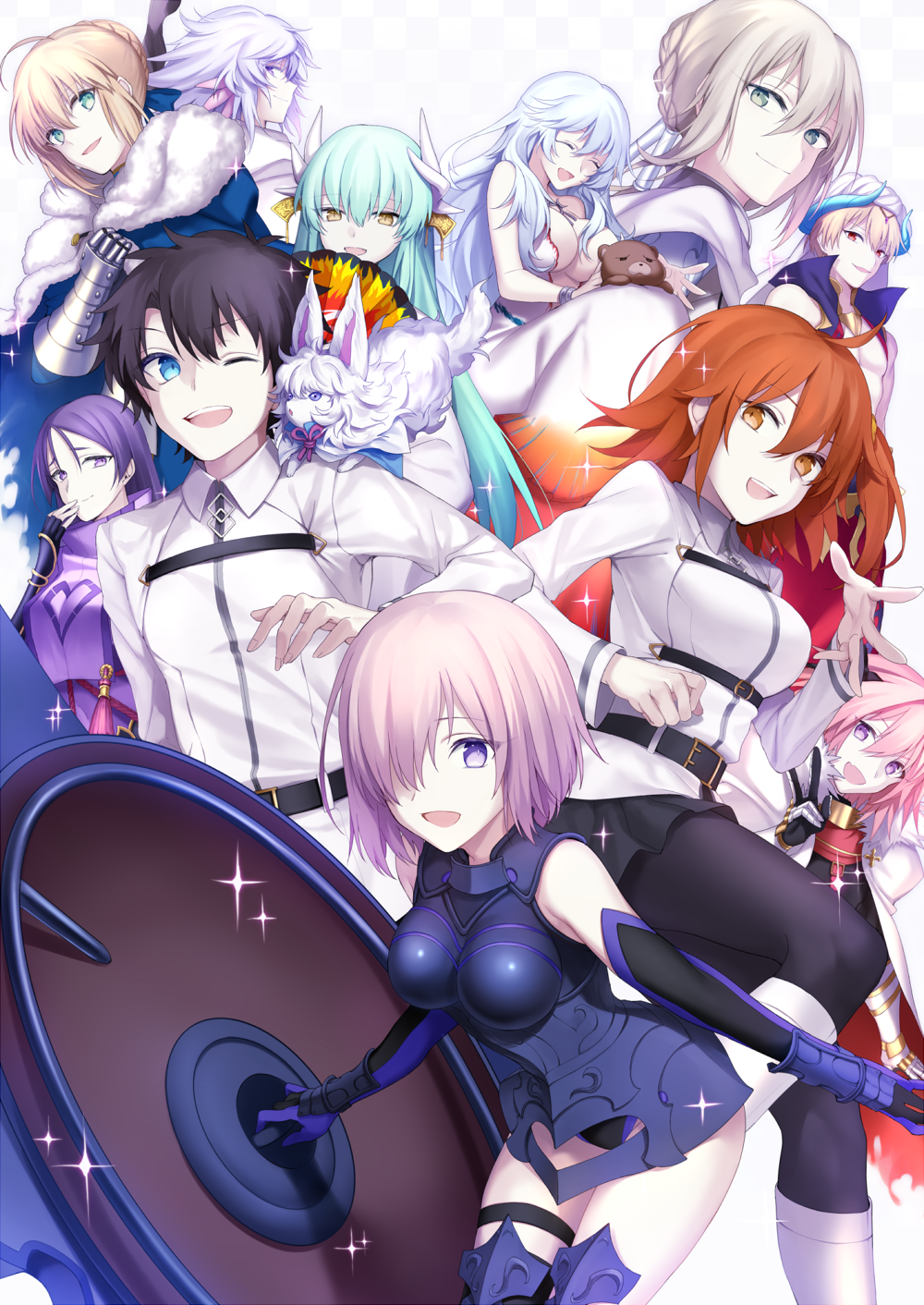 ;) ahoge armor armored_dress blonde_hair character_request commentary_request everyone eyes_visible_through_hair fate_(series) gauntlets green_eyes hair_bun hair_over_one_eye highres one_eye_closed purple_hair saber shield shielder_(fate/grand_order) short_hair smile tagme violet_eyes wowishi