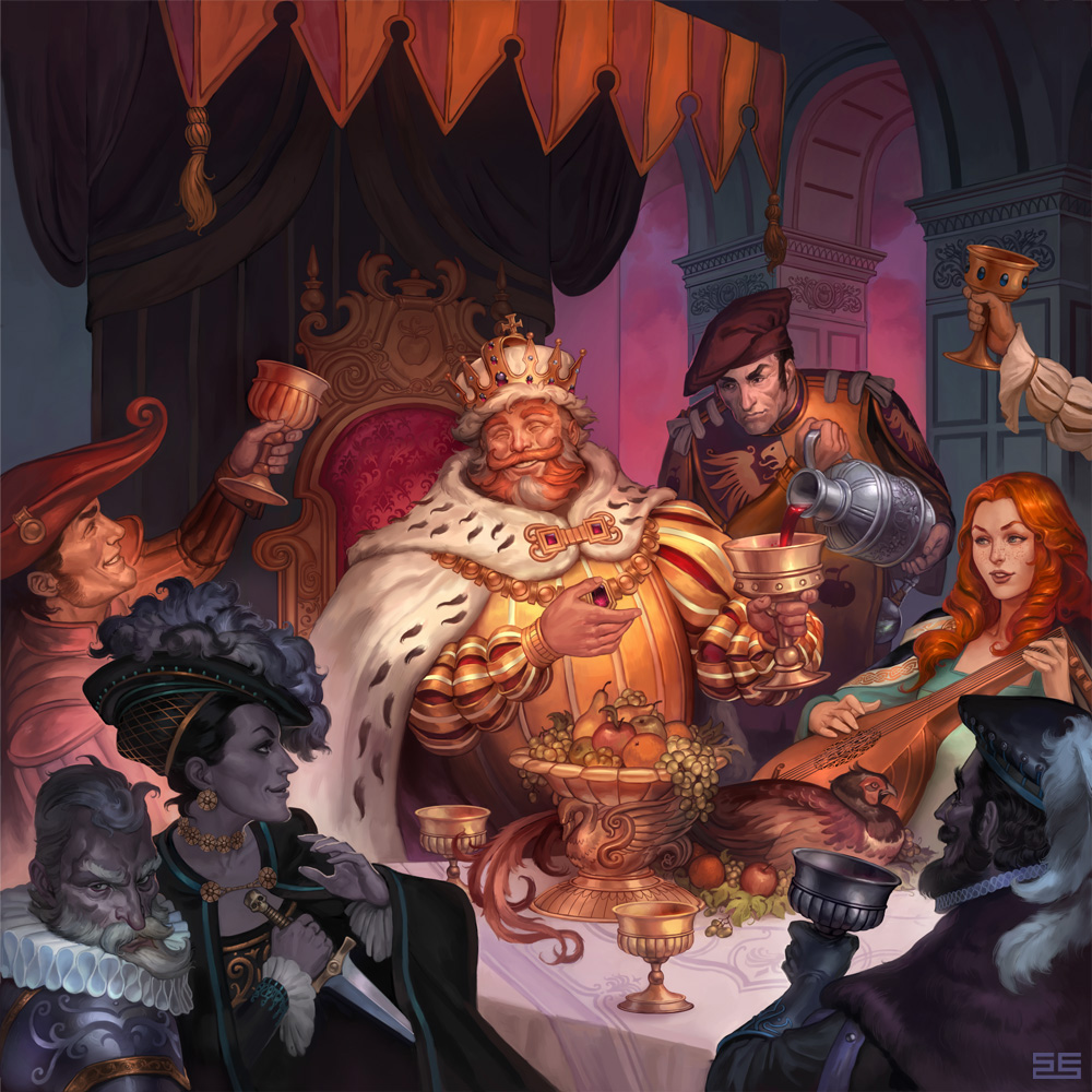 2girls 5boys alcohol apple banquette beard bird black_hair cape crown cup dagger drill_hair earrings evil_smile facial_hair food freckles fruit gloves goblet gold grapes grey_hair grin hat jewelry king looking_at_another lyre medieval multiple_boys multiple_girls necklace official_art orange orange_hair pear pheasant pouring simon_eckert smile table the_last_banquet throne twin_drills weapon wine