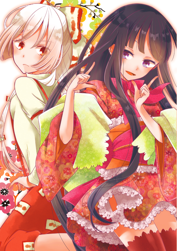 2girls adapted_costume back-to-back black_hair bow breasts collared_shirt cowboy_shot fujiwara_no_mokou hair_bow hair_ribbon houraisan_kaguya japanese_clothes kimono long_hair looking_at_another mocomocone multiple_girls obi open_mouth overalls red_eyes red_legwear ribbon sash shirt short_kimono smile thigh-highs touhou tress_ribbon violet_eyes white_hair wide_sleeves zettai_ryouiki