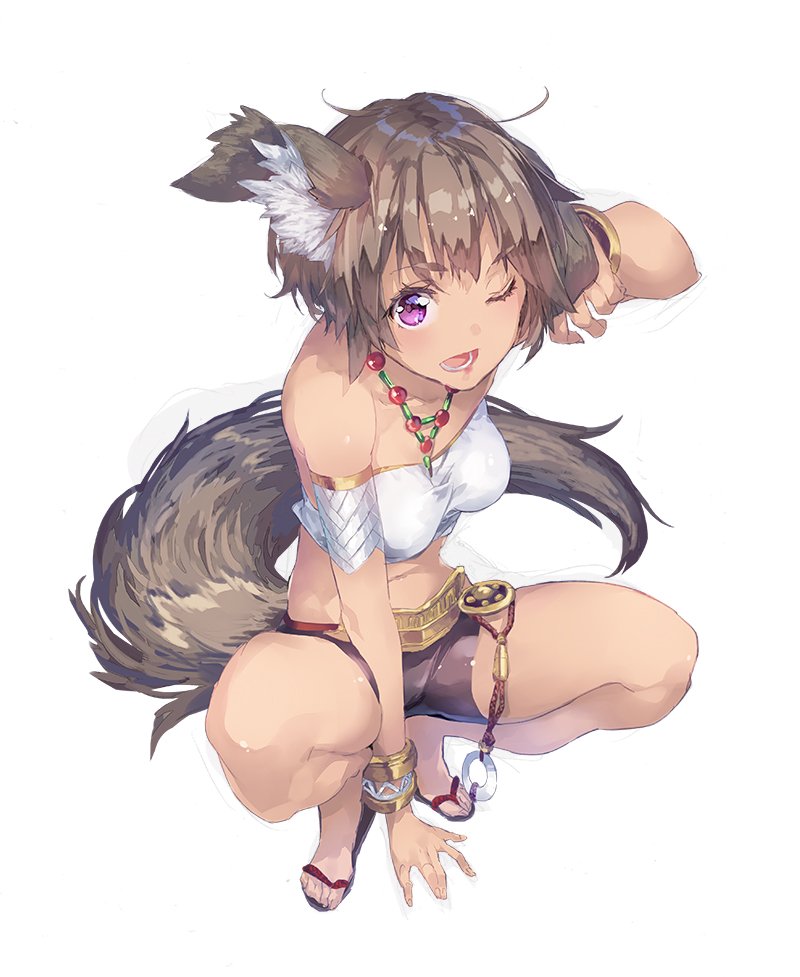 animal_ears arm_support arm_up armband bare_legs bracelet brown_hair dark_skin elbia_hernaiman eyebrows_visible_through_hair jewelry looking_at_viewer midriff navel necklace one_eye_closed outbreak_company sandals short_hair short_shorts shorts simple_background squatting strapless tail tubetop violet_eyes white_background yuugen