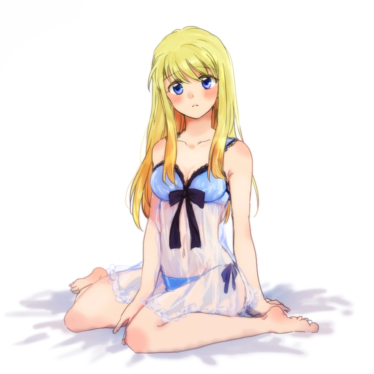 1girl alternate_hairstyle babydoll barefoot between_legs blonde_hair blue_clothes blue_eyes blue_panties blush breasts cleavage collarbone earrings eyebrows_visible_through_hair fullmetal_alchemist groin hand_between_legs jewelry lingerie long_hair medium_breasts navel panties ponytail sitting sketch sleepwear solo tsukuda0310 underwear wariza white_background winry_rockbell