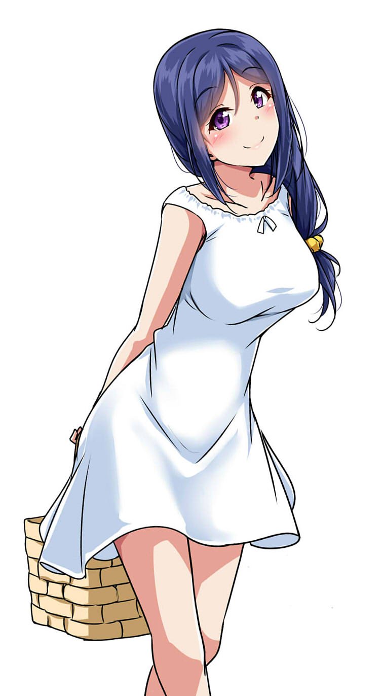 1girl alternate_hairstyle arms_behind_back basket blue_hair blush breasts commentary_request dress hair_over_shoulder highres holding_basket long_hair looking_at_viewer love_live! love_live!_sunshine!! low-tied_long_hair matsuura_kanan scrunchie simple_background smile solo sundress violet_eyes white_background white_dress yellow_scrunchie yopparai_oni