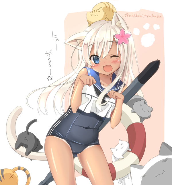 1girl akitsuki_tsukasa animal animal_ears animal_on_head black_swimsuit blonde_hair blue_eyes blue_sailor_collar cat cat_ears cat_on_head cat_tail covered_navel crop_top flower hair_flower hair_ornament kantai_collection lifebuoy looking_at_viewer on_head one-piece_swimsuit one-piece_tan one_eye_closed open_mouth paw_pose paw_print ro-500_(kantai_collection) sailor_collar school_swimsuit swimsuit swimsuit_under_clothes tail tan tanline too_many too_many_cats torpedo twitter_username