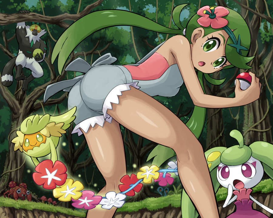 1girl :o apron ass bangs bare_arms bare_legs bent_over comfey dark_skin flower flower_on_head grass green_eyes green_hair hair_flower hair_ornament legs looking_at_viewer mallow_(pokemon) mushroom nature open_mouth outdoors overalls paras passimian poke_ball pokemoa pokemon pokemon_(creature) pokemon_(game) pokemon_sm steenee swept_bangs tree trial_captain twintails