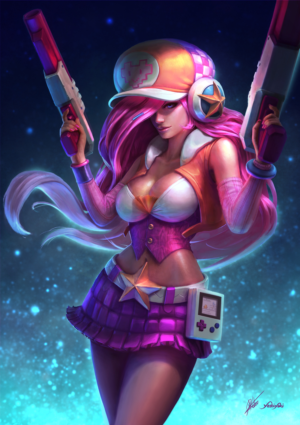 1girl alternate_costume arcade_miss_fortune arm_warmers bangle belt big_hair blue_background blue_eyes bracelet breasts buttons cabbie_hat cameo cassio_yoshiyaki cleavage collaboration corset cowboy_shot crop_top cropped_vest dual_wielding ear_protection earmuffs floating_hair game_boy gradient_hair gun hair_ornament hair_over_one_eye hairclip handgun handheld_game_console hat headphones highres holding holding_gun holding_weapon jewelry large_breasts lavender_hair league_of_legends light_gun lips long_hair looking_at_viewer midriff miniskirt multicolored_hair nail_polish navel nose one_eye_covered patricia_kelen pink pink_hair pink_nails purple_skirt sarah_fortune signature skirt slender_waist solo standing star tan trigger_discipline weapon