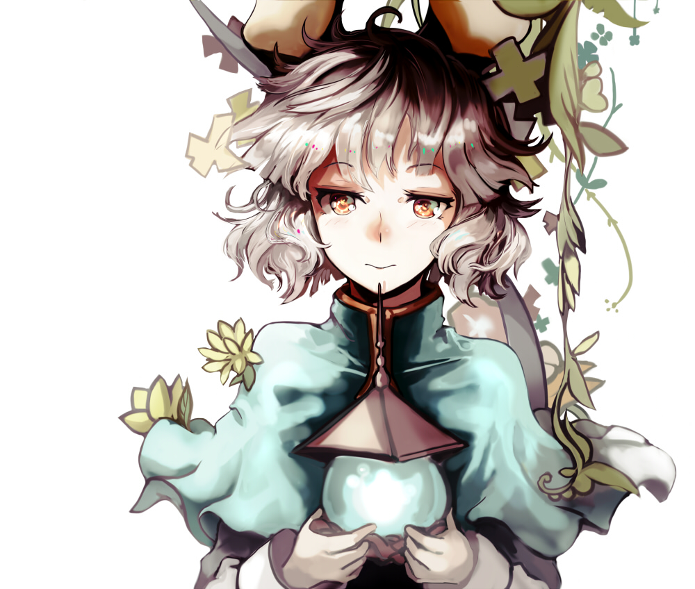 1girl animal_ears bishamonten's_pagoda blouse brown_eyes capelet carrying looking_at_viewer mouse_ears nazrin plant sasurai_susuki short_hair silver_hair simple_background solo touhou upper_body vines white_background