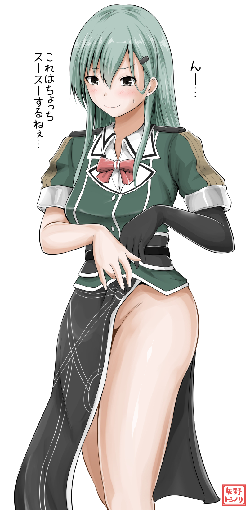 1girl adjusting_clothes aqua_eyes aqua_hair artist_name black_belt black_gloves blush bow breasts chikuma_(kantai_collection) chikuma_(kantai_collection)_(cosplay) commentary_request cosplay costume_switch elbow_gloves embarrassed epaulettes gloves green_jacket hair_between_eyes hair_ornament hairclip highres jacket kantai_collection long_hair medium_breasts no_panties remodel_(kantai_collection) shirt short_sleeves sidelocks simple_background single_glove smile solo standing suzuya_(kantai_collection) thighs translated white_background yano_toshinori