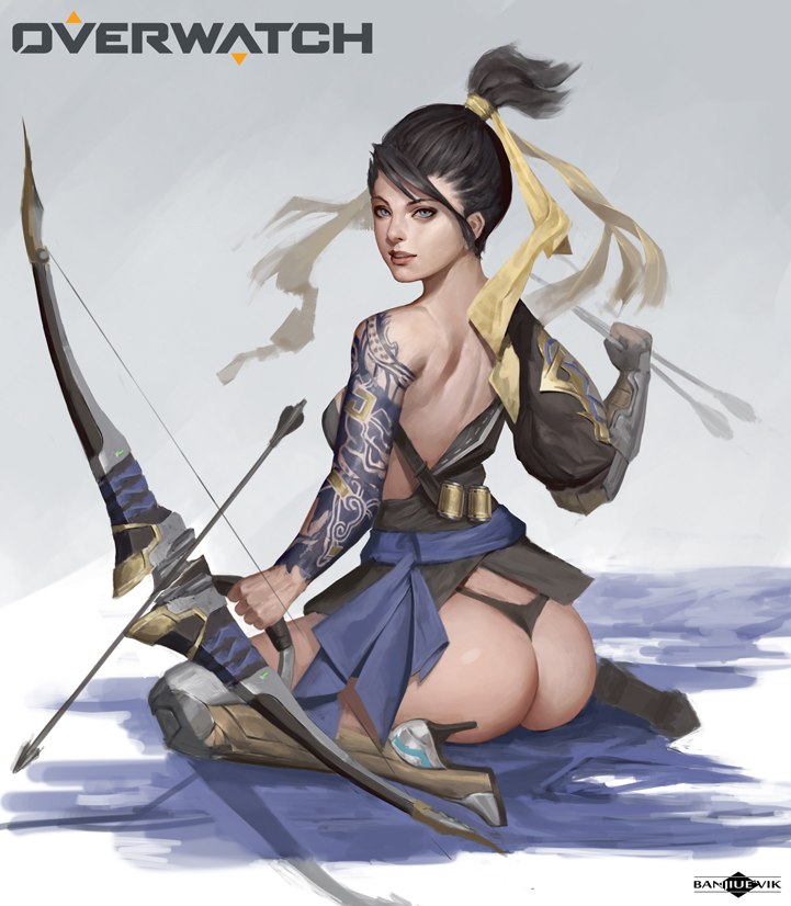 1girl armor armored_boots arrow artist_name ass asymmetrical_clothes back bandolier bare_shoulders black_panties blue_eyes boots bow_(weapon) breasts brown_hair copyright_name dragon_print dragon_tattoo from_behind full_body genderswap genderswap_(mtf) hair_ribbon hair_tie hanzo_(overwatch) high_heel_boots high_heels holding holding_weapon japanese_clothes looking_at_viewer looking_back medium_breasts overwatch panties ponytail ribbon short_hair sitting solo tattoo thigh-highs thigh_boots thong thong_panties underwear wariza weapon yellow_ribbon