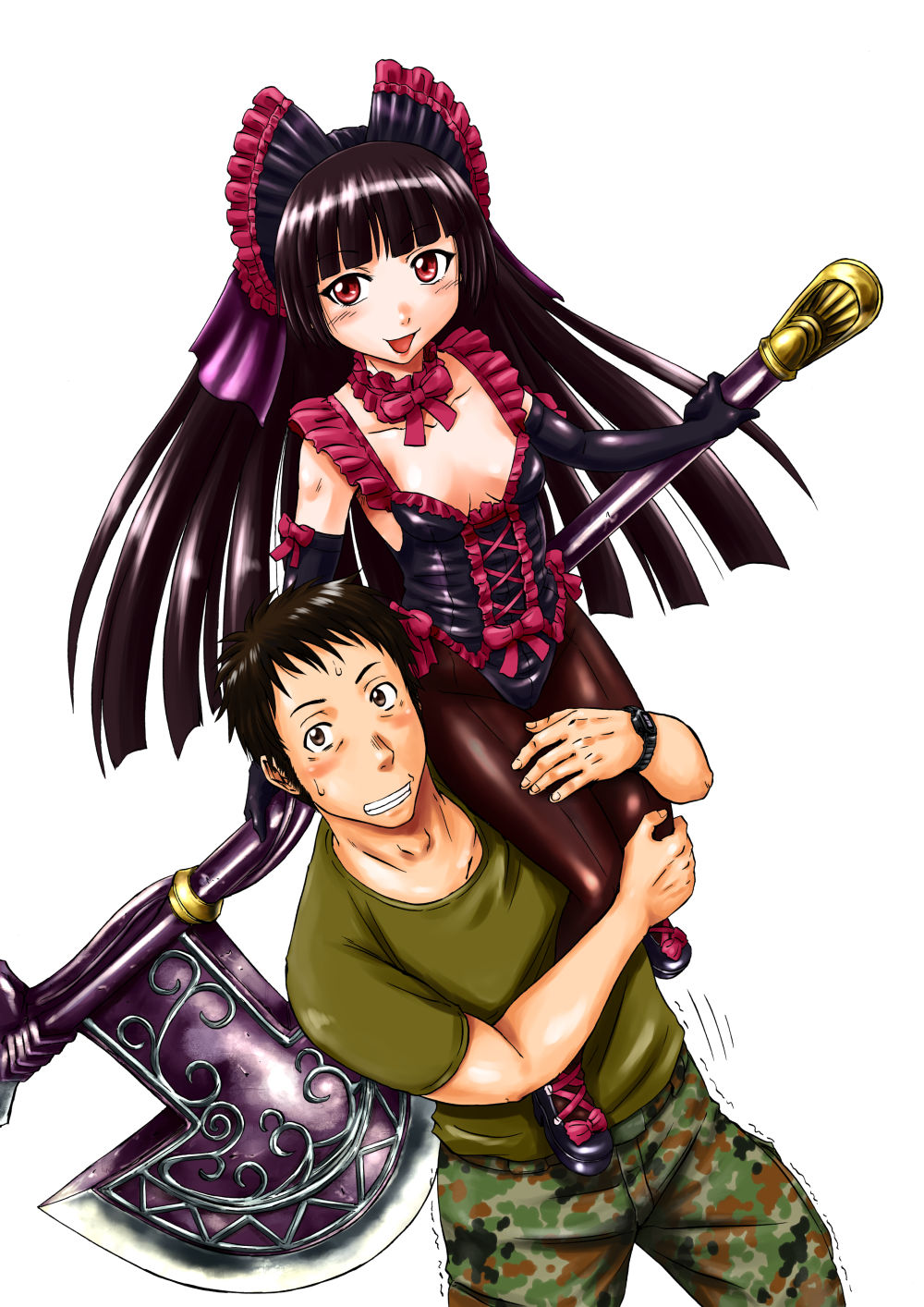 1boy 1girl :d axe black_gloves black_hair blush breasts brown_eyes brown_hair cleavage elbow_gloves gate_-_jieitai_ka_no_chi_nite_kaku_tatakaeri gloves gothic_lolita grin highres holding holding_weapon itami_youji lolita_fashion long_hair looking_at_viewer open_mouth pantyhose red_eyes rory_mercury sao_satoru simple_background small_breasts smile teeth trembling weapon white_background