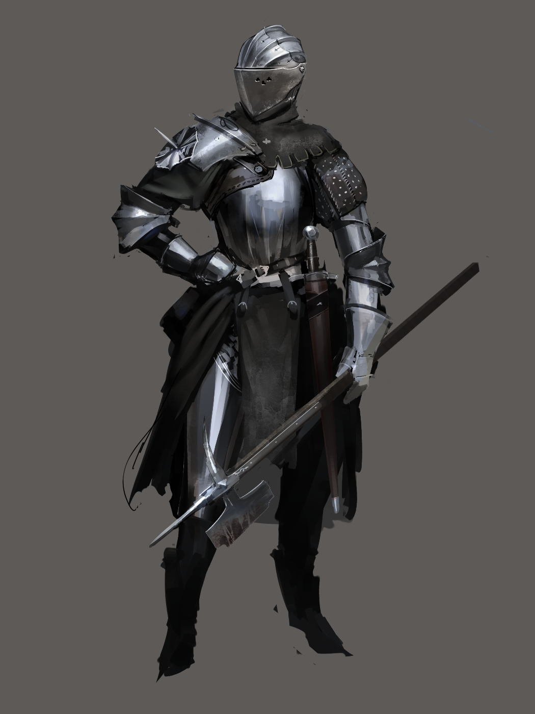 androgynous armor full_armor halberd hand_on_hip helmet highres nisetanaka original polearm simple_background solo sword weapon