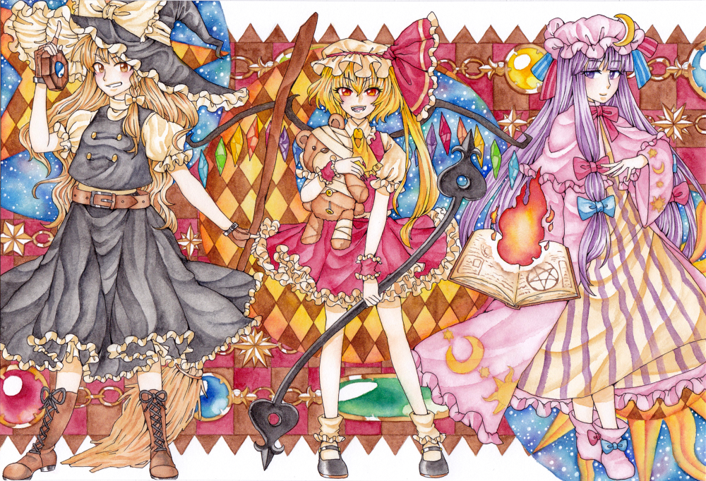 3girls argyle argyle_background ascot bandage bangs belt black_shoes black_skirt black_vest blonde_hair blunt_bangs blush bobby_socks book boots bow broom brown_boots brown_eyes brown_gloves capelet carrying checkered checkered_background crescent_moon dress fingerless_gloves fire flandre_scarlet frilled_bow frilled_hat frilled_shirt_collar frilled_skirt frilled_sleeves frills full_body gloves grin hair_between_eyes hair_bow hair_ribbon half-closed_eyes hand_up hat hat_bow hat_ornament hat_ribbon holding holding_broom kirisame_marisa knee_boots laevatein long_hair long_ponytail long_sleeves looking_at_viewer magic_circle mary_janes mini-hakkero mob_cap moon moon_print multiple_girls oota_(ikumi1110) open_book open_mouth orange_eyes patchouli_knowledge puffy_short_sleeves puffy_sleeves purple_coat purple_hair purple_shoes red_skirt red_vest ribbon shiny shiny_hair shoe_bow shoes short_hair short_sleeves side_ponytail skirt skirt_set sky smile socks star star_(sky) star_print starry_sky striped striped_dress stuffed_animal stuffed_toy sun sun_print teddy_bear touhou traditional_media tress_ribbon turtleneck very_long_hair vest violet_eyes watercolor_(medium) white_dress white_legwear wide_sleeves wings witch_hat wrist_cuffs