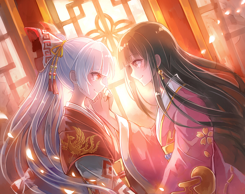 2girls 60mai alternate_costume black_hair bow closed_mouth commentary_request dutch_angle earrings eye_contact from_side fujiwara_no_mokou hair_bow hair_ornament hand_on_another's_cheek hand_on_another's_face hime_cut houraisan_kaguya indoors japanese_clothes jewelry kimono long_hair looking_at_another multiple_girls obi pink_kimono ponytail red_eyes sash smile tears touhou upper_body very_long_hair white_bow white_hair wide_sleeves