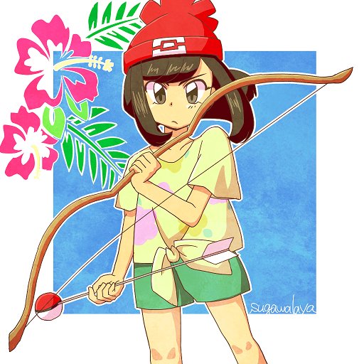 &gt;:( 1girl arrow artist_name bangs bare_arms beanie black_eyes black_hair bow_(weapon) closed_mouth collarbone cowboy_shot female_protagonist_(pokemon_sm) floral_print flower frown green_shorts hat hibiscus holding holding_bow_(weapon) holding_weapon leaf moon_(pokemon) outline poke_ball_theme pokemon pokemon_special red_hat shirt short_hair short_sleeves shorts solo standing sugawalaya swept_bangs tied_shirt weapon yellow_shirt