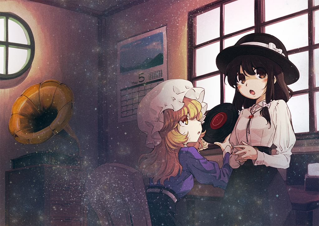 2girls blonde_hair blouse blush_stickers brown_eyes brown_hair calendar_(object) chair commentary dress futoumeido hat long_hair maribel_hearn mob_cap multiple_girls phonograph purple_dress short_hair skirt touhou usami_renko window yellow_eyes