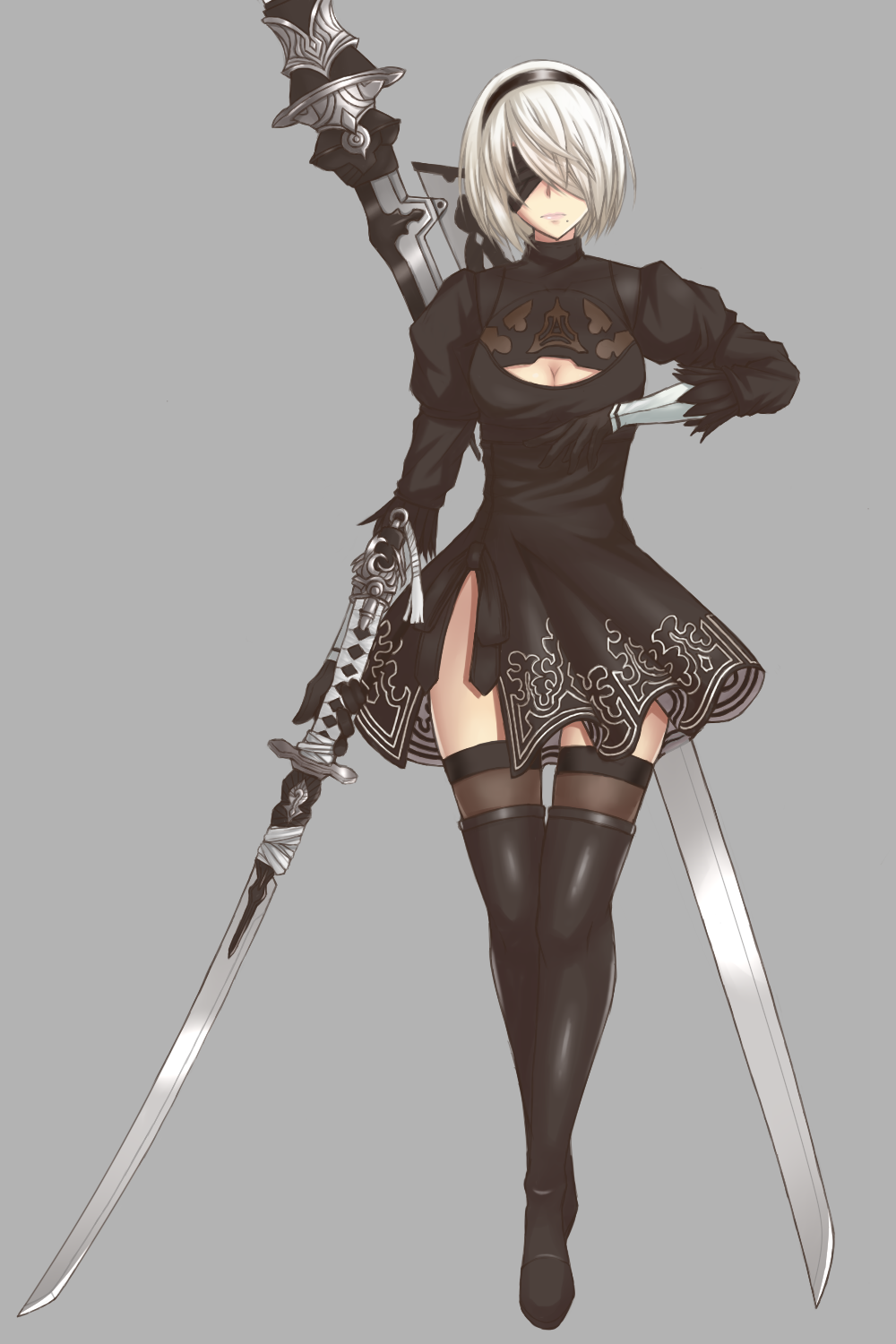 1girl black_boots black_dress black_hairband black_legwear blindfold boots breasts cleavage cleavage_cutout closed_mouth covered_eyes dress feather-trimmed_sleeves full_body hairband high_heel_boots high_heels highleg highleg_leotard highres holding holding_sword holding_weapon juliet_sleeves leotard long_sleeves medium_breasts mole mole_under_mouth nier_(series) nier_automata puffy_sleeves ribbed_dress silver_hair solo sword thigh-highs thigh_boots thighhighs_under_boots tnk_(p_freaks) vambraces weapon weapon_on_back white_leotard yorha_no._2_type_b