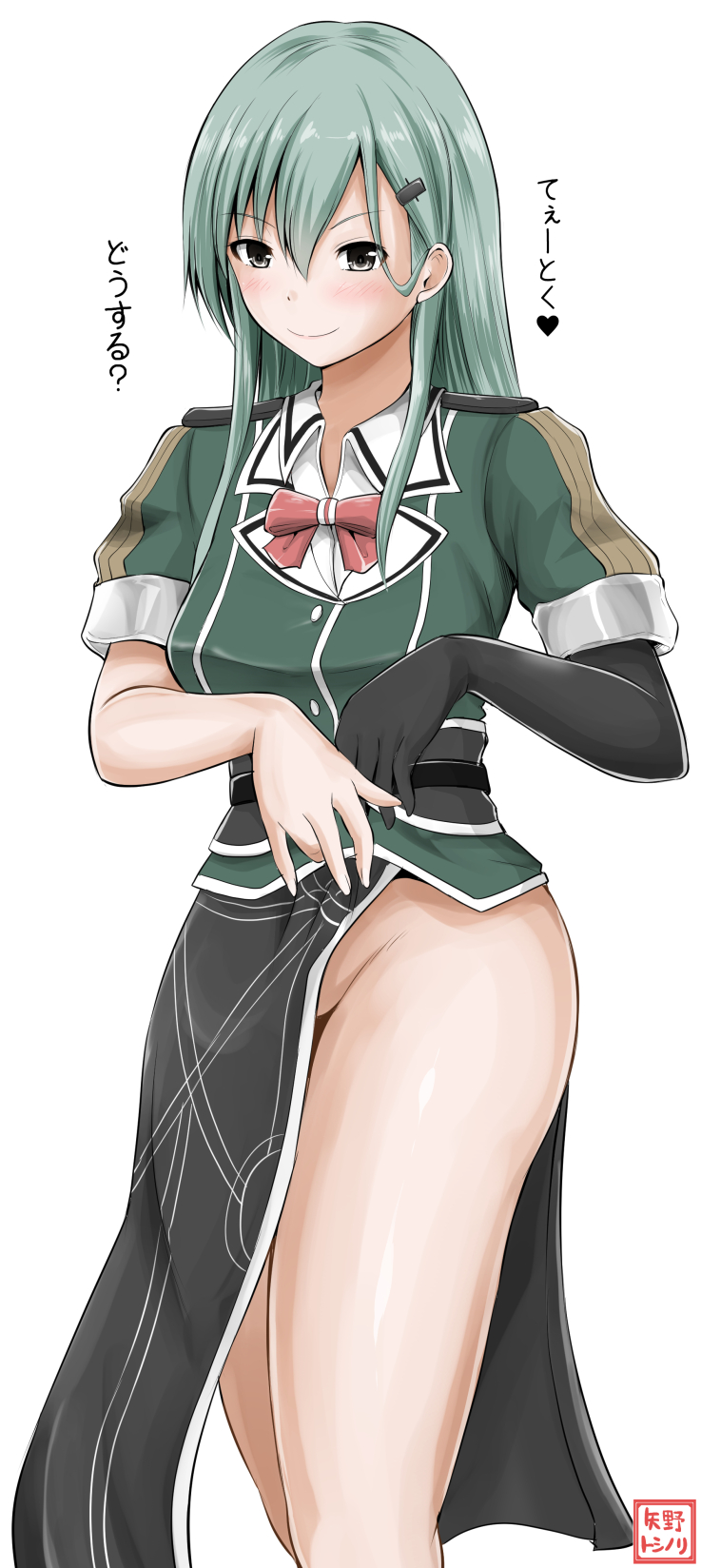 1girl adjusting_clothes aqua_eyes aqua_hair artist_name black_belt black_gloves blush bow breasts chikuma_(kantai_collection) chikuma_(kantai_collection)_(cosplay) commentary_request cosplay costume_switch elbow_gloves epaulettes gloves green_jacket hair_between_eyes hair_ornament hairclip heart highres jacket kantai_collection long_hair looking_at_viewer medium_breasts no_panties remodel_(kantai_collection) shirt short_sleeves sidelocks simple_background single_glove smile solo spoken_heart standing suzuya_(kantai_collection) thighs translated white_background yano_toshinori