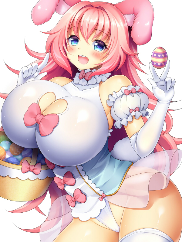 1girl animal_ears basket blue_eyes blush breasts cleavage cleavage_cutout cowboy_shot easter easter_egg elbow_gloves gloves heart_cutout huge_breasts inma_kourin_devil_carnival leotard long_hair open_mouth pink_hair rabbit_ears seta_(monyun) simple_background solo thigh-highs v very_long_hair white_background white_gloves