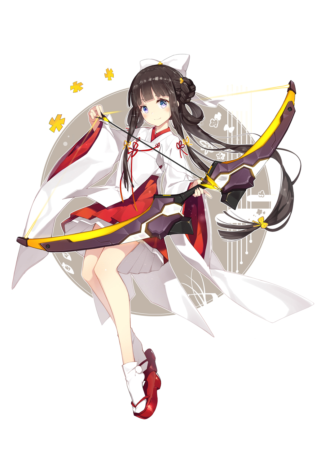 1girl arrow bangs blunt_bangs blush bow bow_(weapon) braid clog_sandals closed_mouth floating_hair full_body hair_bow hair_rings hakama_skirt highres holding holding_weapon japanese_clothes lf long_hair looking_at_viewer low-tied_long_hair miko pleated_skirt red_skirt sandals shaonyu_cofee_gun sidelocks simple_background skirt smile socks solo weapon white_background white_legwear white_skirt wide_sleeves yellow_bow