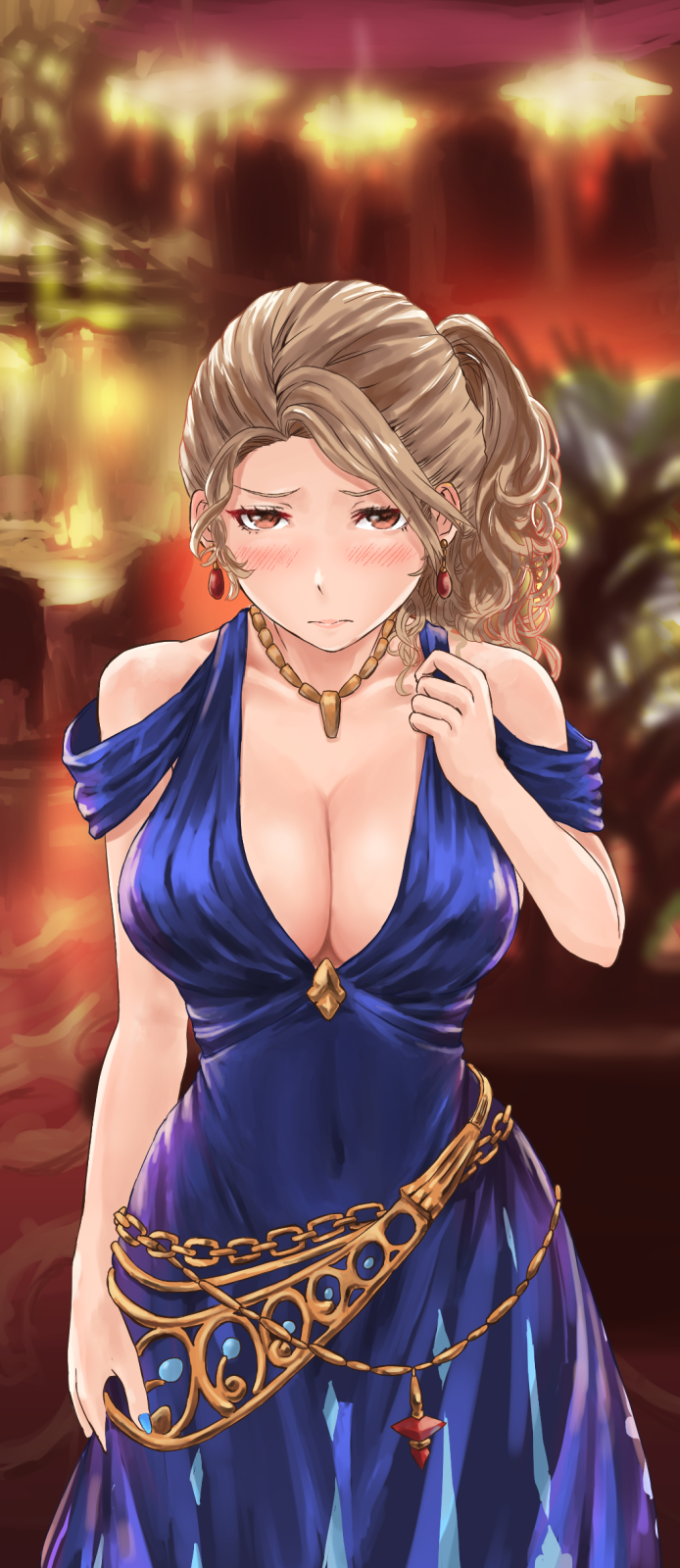 angry belt blush breasts brown_eyes catalina_(granblue_fantasy) chandelier covered_navel dress earrings erect_nipples evening_gown frown granblue_fantasy highres indoors jewelry large_breasts nail_polish navel necklace nightgown no_bra ponytail shiro_(maple_syrup9) side_ponytail