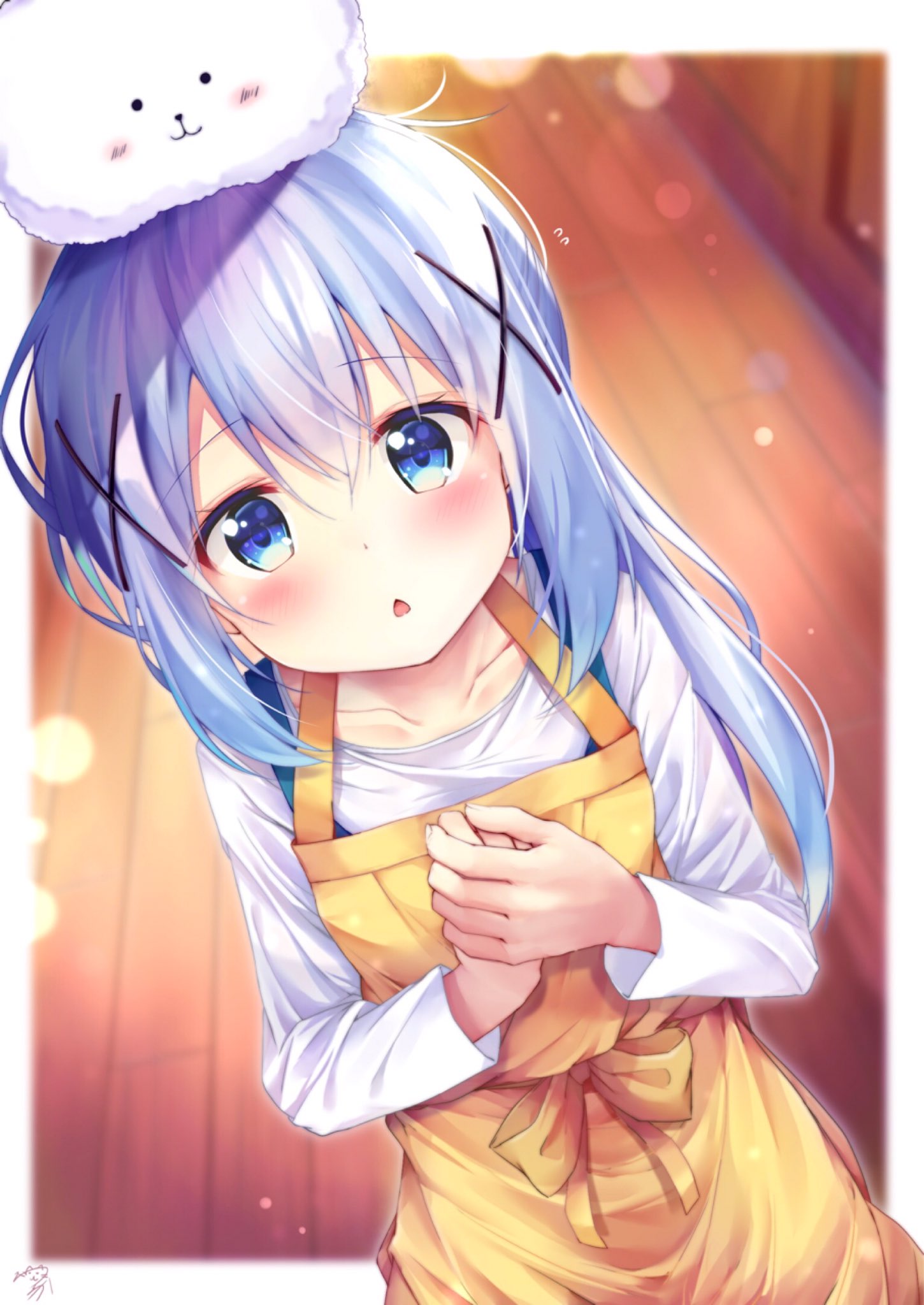 1girl :3 :o angora_rabbit animal animal_on_head apron bangs black_eyes blue_eyes blue_hair blurry blush blush_stickers bow chestnut_mouth collarbone colored_eyelashes depth_of_field dutch_angle eyebrows_visible_through_hair flying_sweatdrops from_above gochuumon_wa_usagi_desu_ka? hair_between_eyes hair_ornament hands_on_own_chest highres indoors kafuu_chino lens_flare long_hair long_sleeves looking_at_viewer looking_up on_head open_mouth own_hands_together rabbit rouka_(akatyann) shirt signature solid_circle_eyes solo tareme tippy_(gochiusa) upper_body white_shirt wooden_floor x_hair_ornament yellow_apron yellow_bow